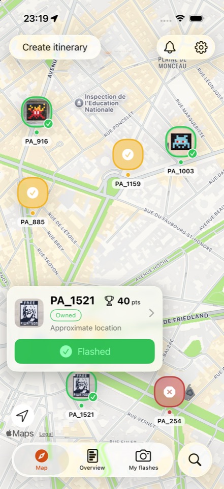 Map of nearby Space Invader mosaics with already-flashed pins marked