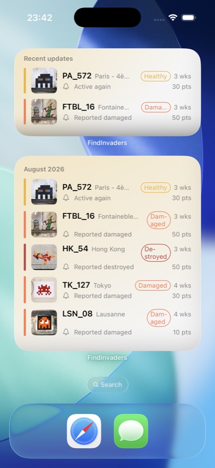 The FindInvaders widget on an iPhone Home Screen showing the next mosaic to find